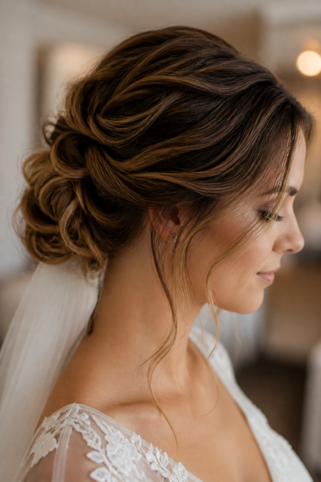 Close-up of bride's hair forming a soft but structured shape with hidden anchors