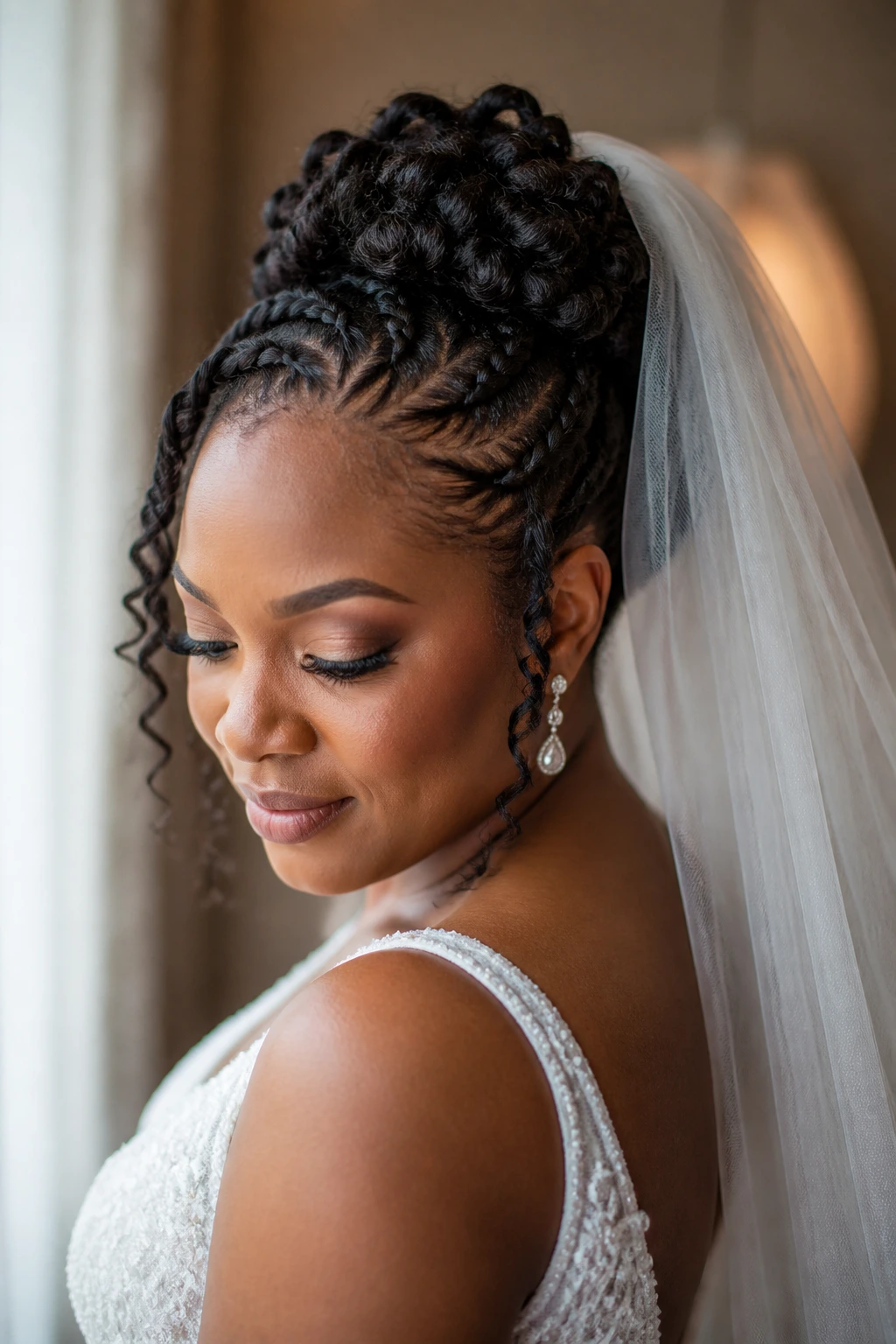 Close-up portrait of a Black bride with a texture-first hairstyle and veil anchored at the crown
