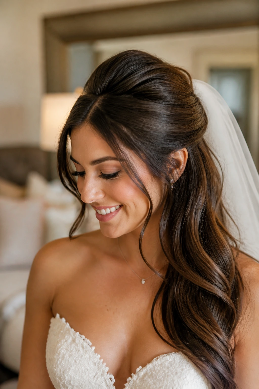 Close-up of bride with a structured, holdable wedding hairstyle