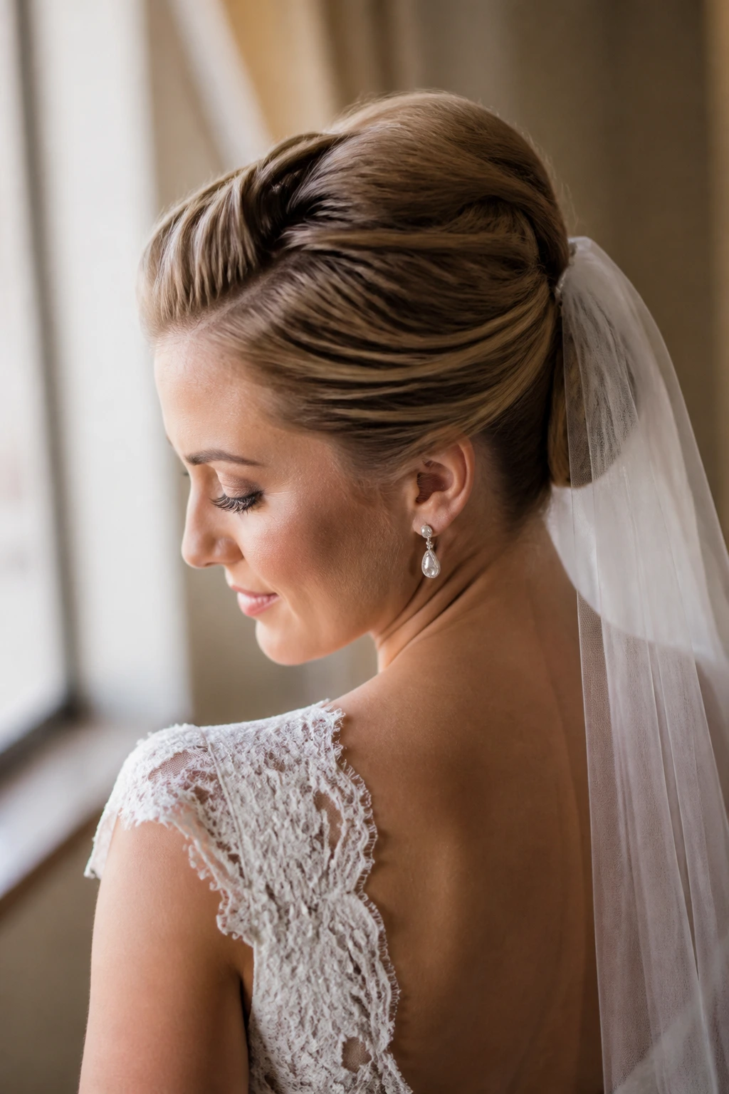Close-up of a real bride showing a French twist hairstyle with a lace wedding dress