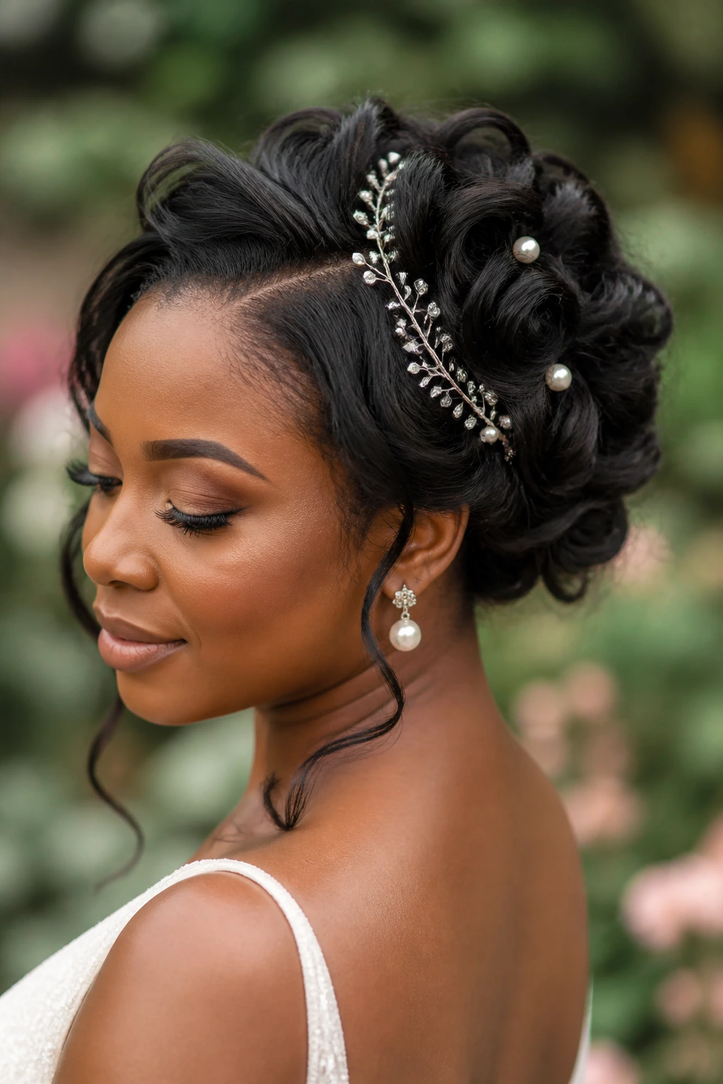 Bride with no-veil hairstyle featuring pearl pins and a hair vine in garden light