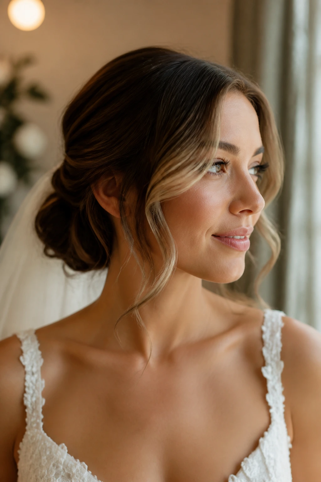 Close-up of a real bride with a timeless sculpted bridal hairstyle emphasizing shape