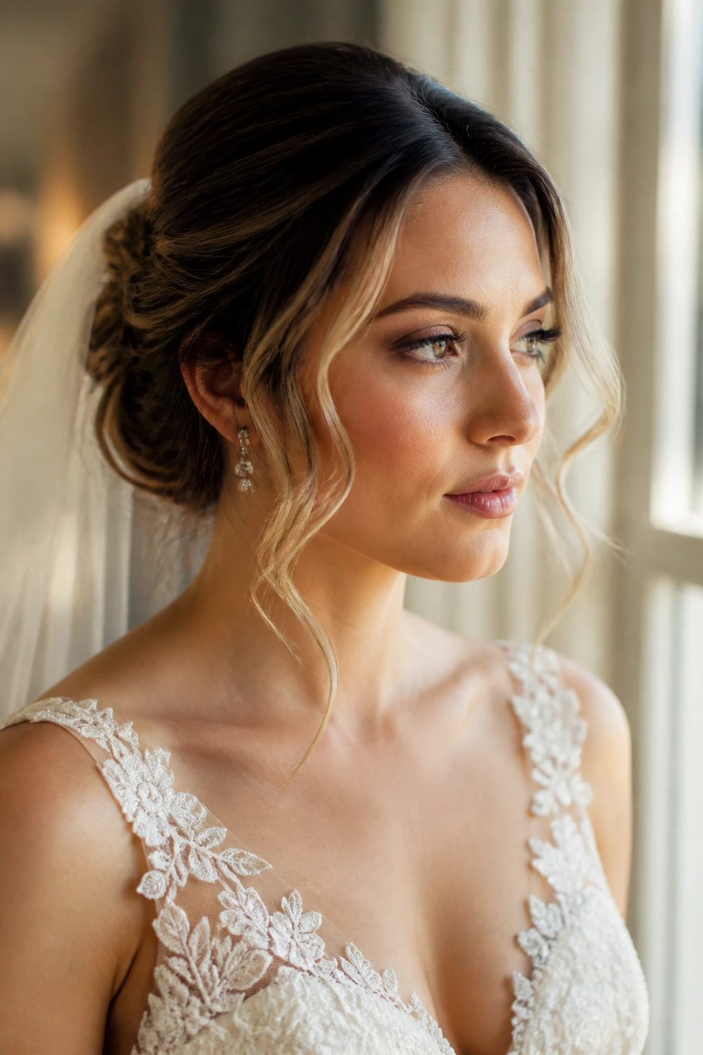 Close-up of a real bride with a soft romantic hairstyle featuring gentle movement at the hairline