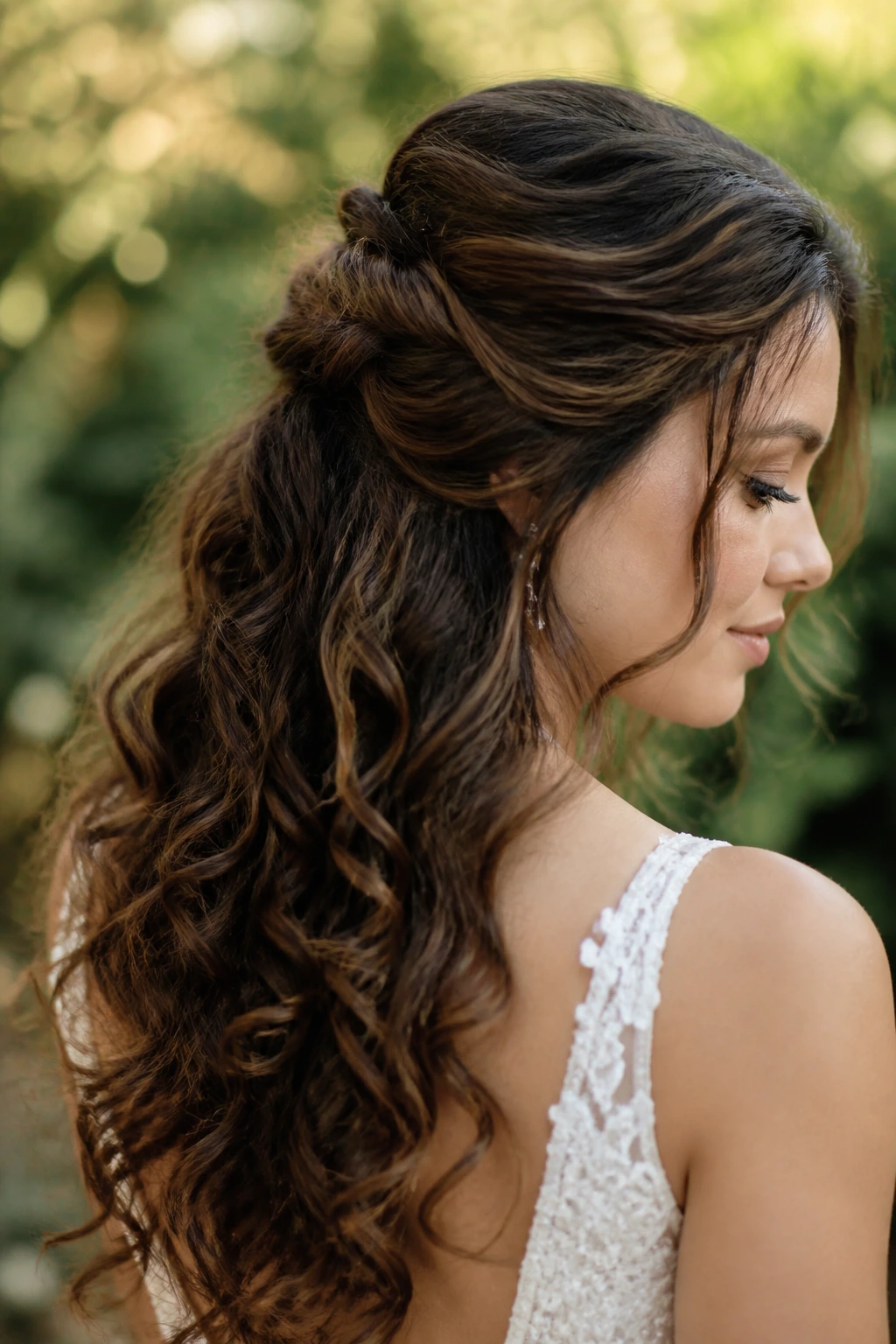 Bride with natural curls and a half-up twist in garden light