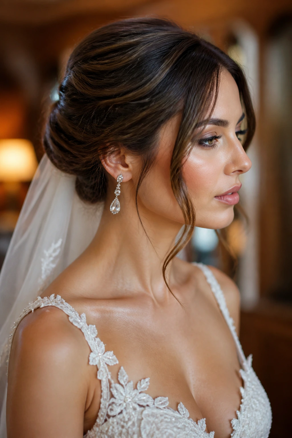 Bride wearing veil and earrings with hair styled to suit the look.