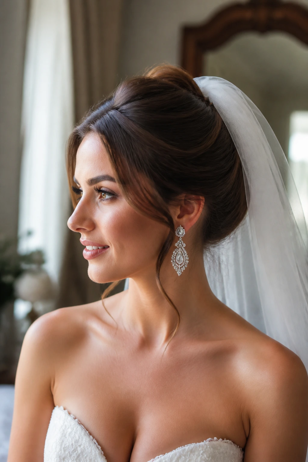 Close-up of a bride's hairstyle with veil anchored at the crown and visible neckline