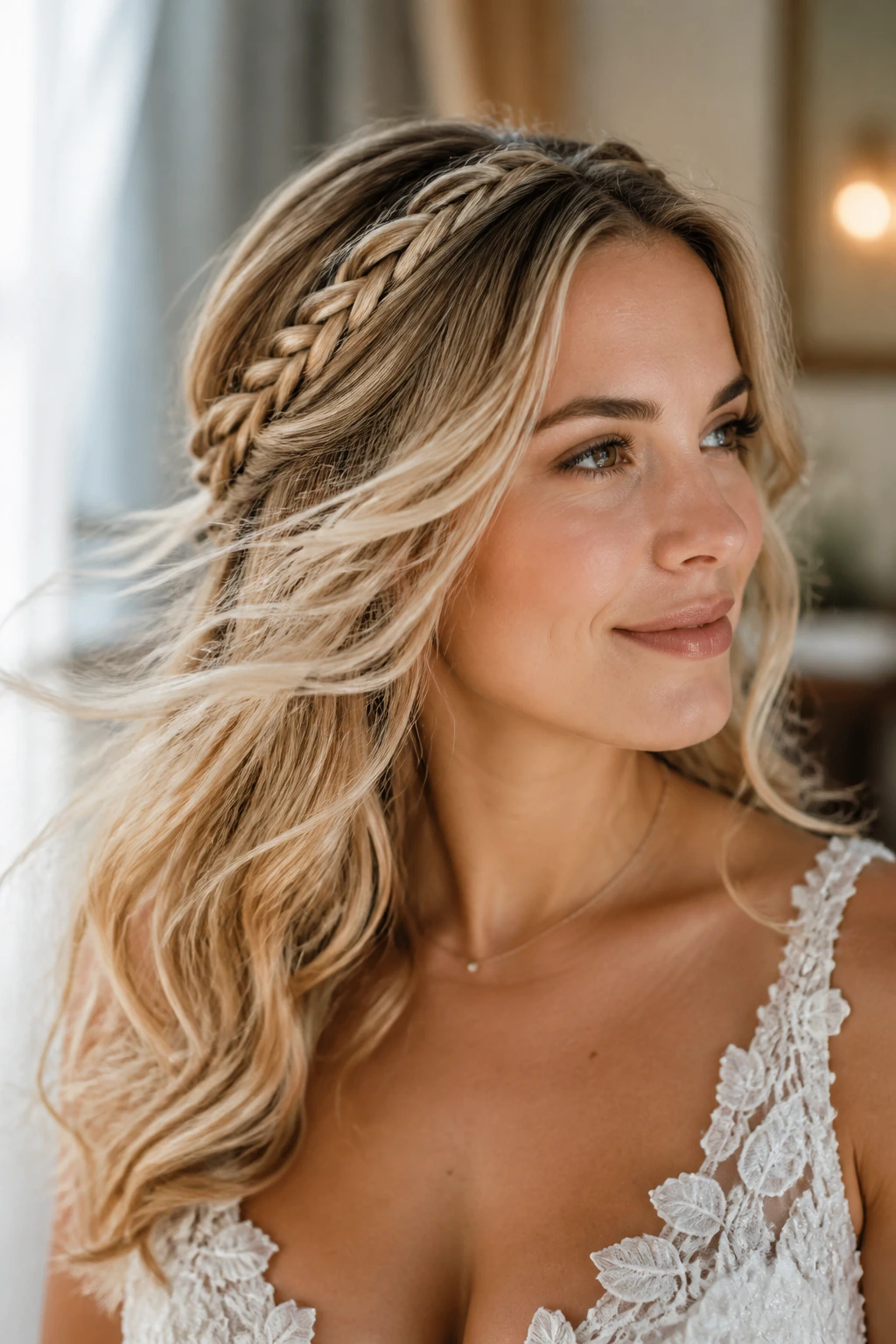 Close-up of a real bride with wind-swept down style and crown braids, soft waves and warm window light.