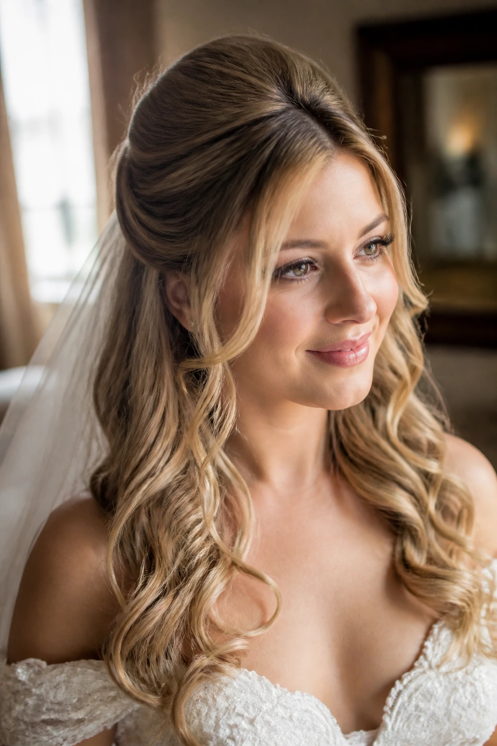 Close-up of bride with wedding half up half down hairstyle in bridal suite, natural light