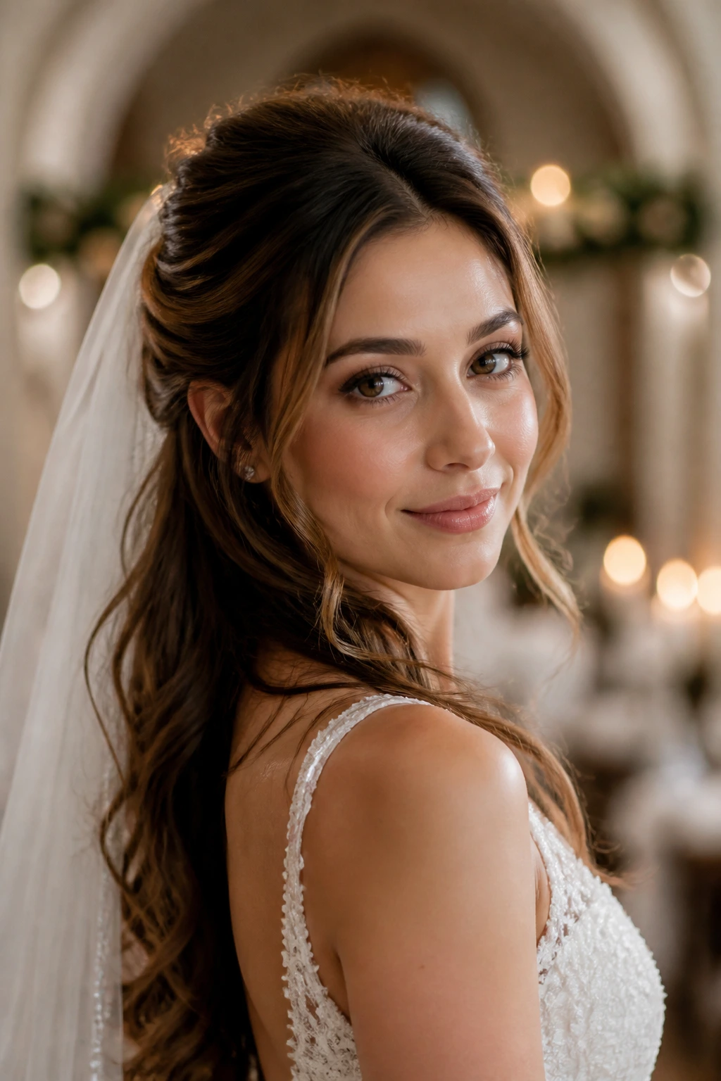 Close-up of a real bride with crown-lift half-up hairstyle and veil anchor in candlelit wedding venue