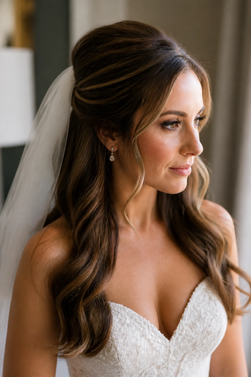 Bride coordinated hairstyle with veil and dress texture, close-up portrait.