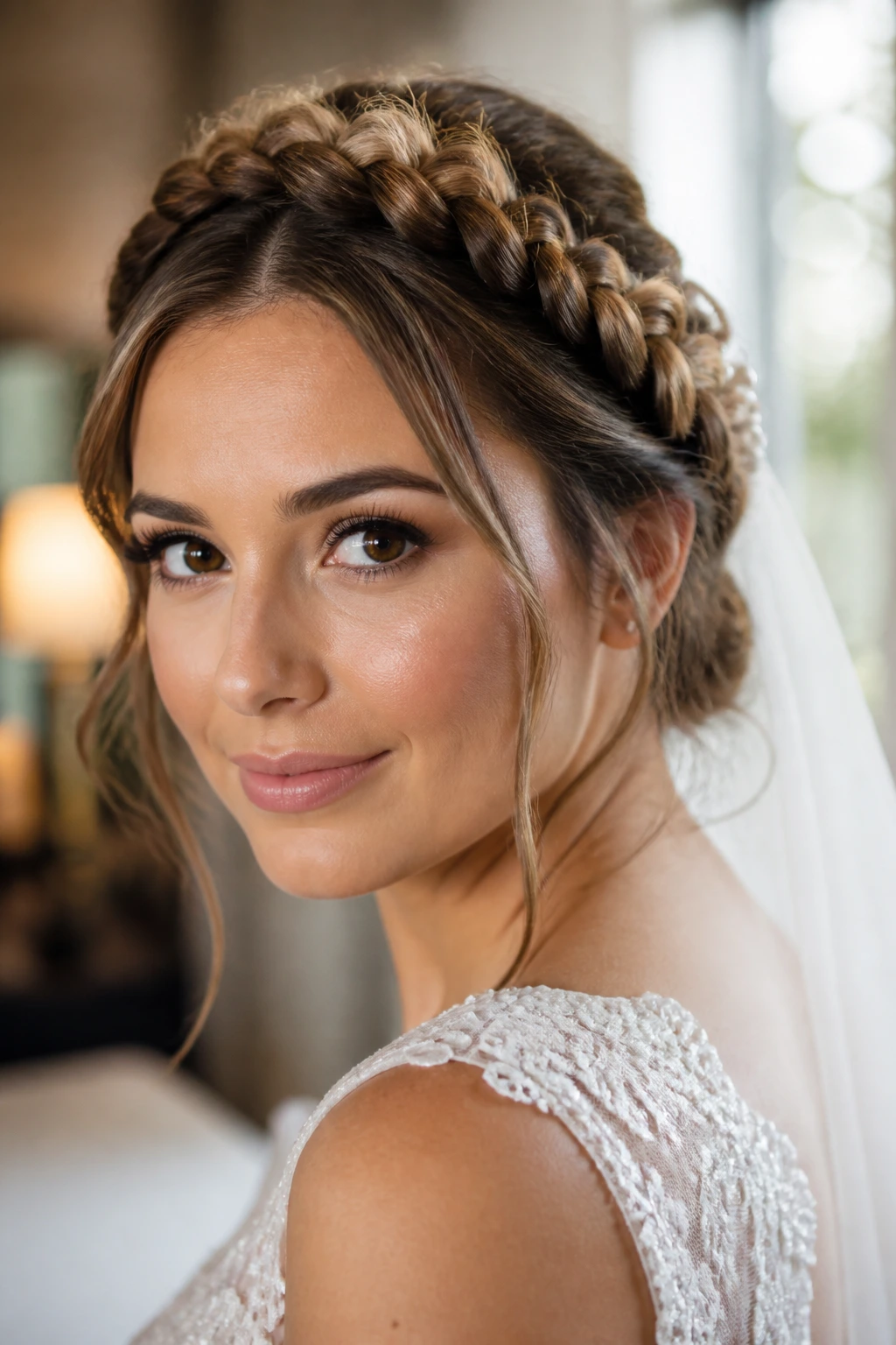 Close-up of real bride wearing a bridal halo braid