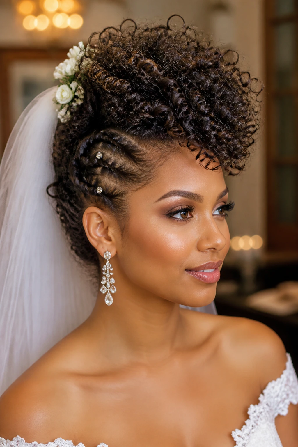 Close-up portrait of a real bride with a polished bridal hawk and veil.