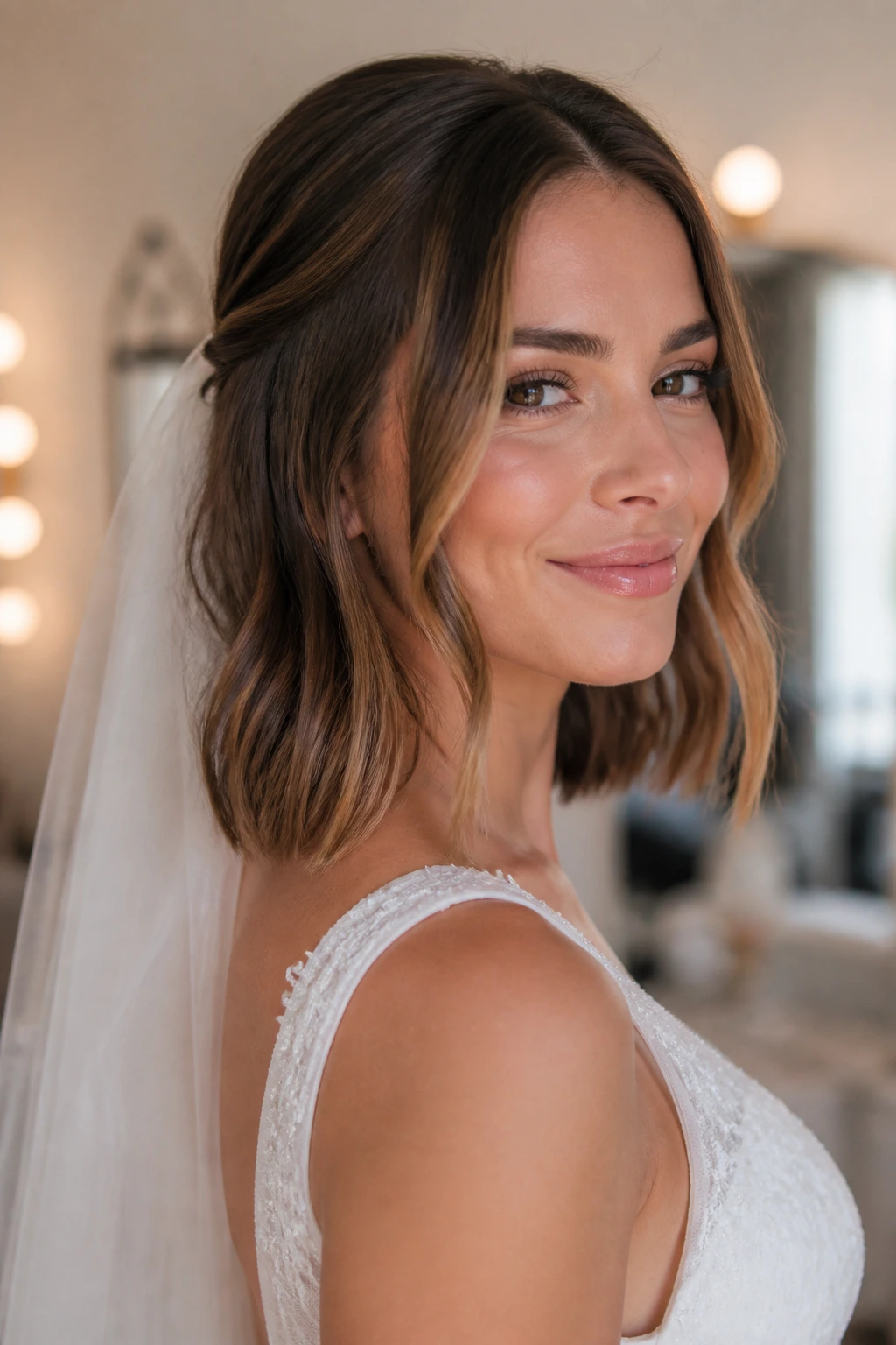 Portrait of a real bride with a shoulder-length bridal lob and face-framing pieces
