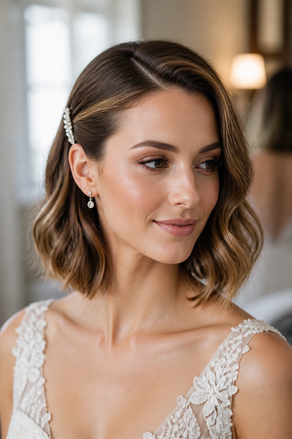 Portrait of bride with shoulder-grazing lob waves and tucked ear pin