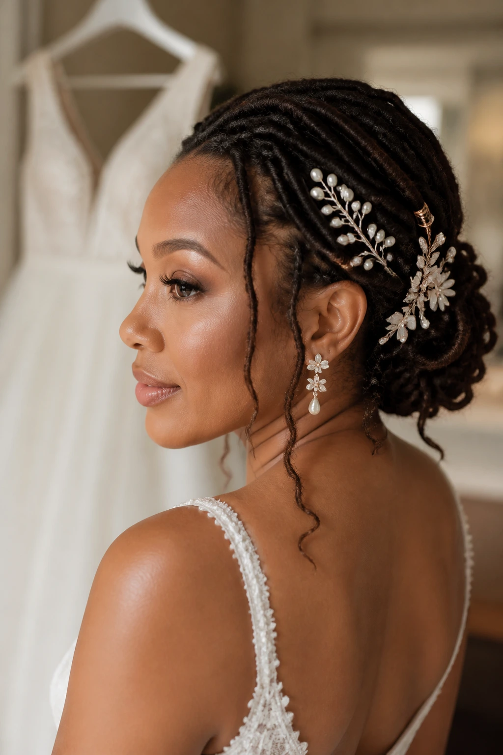 Close-up of bridal locs with lightweight accessories like pearl pins and small cuffs