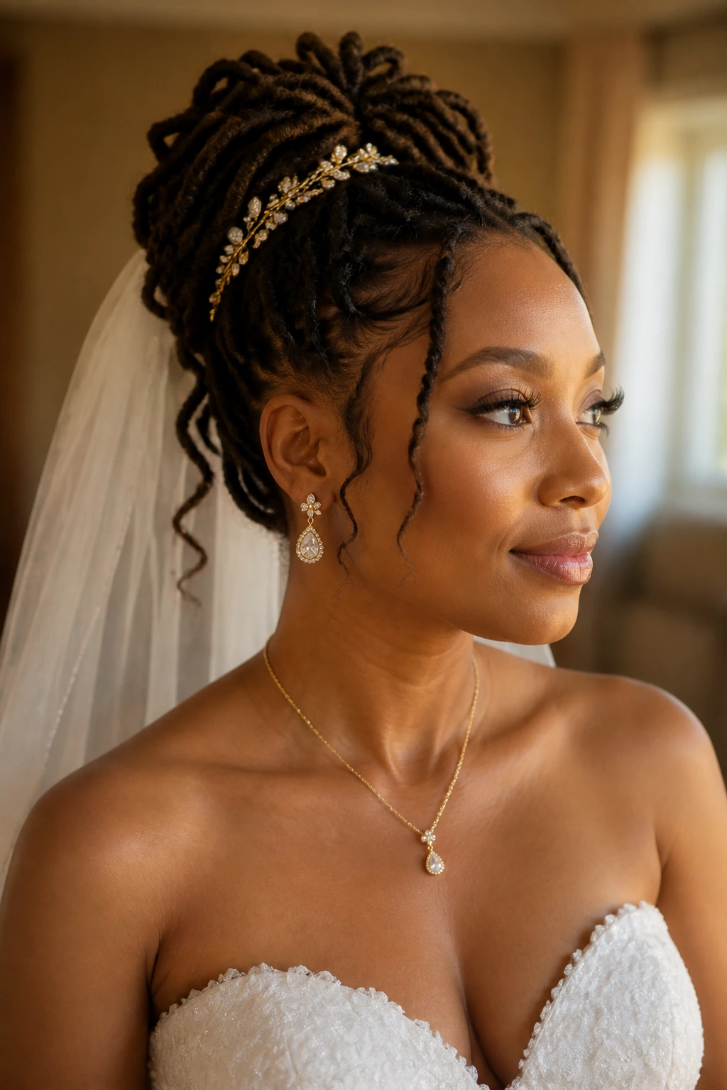 Close-up of bride with loc updo, veil, and jewelry matching strapless dress