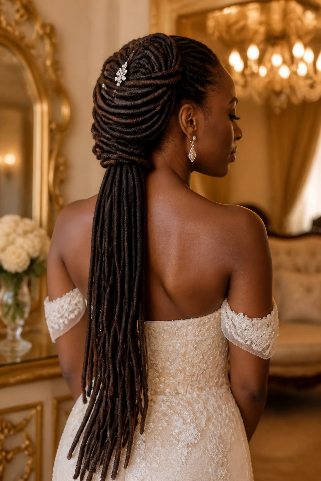 Bride wearing regal wrapped updo with long loc tail visible from back