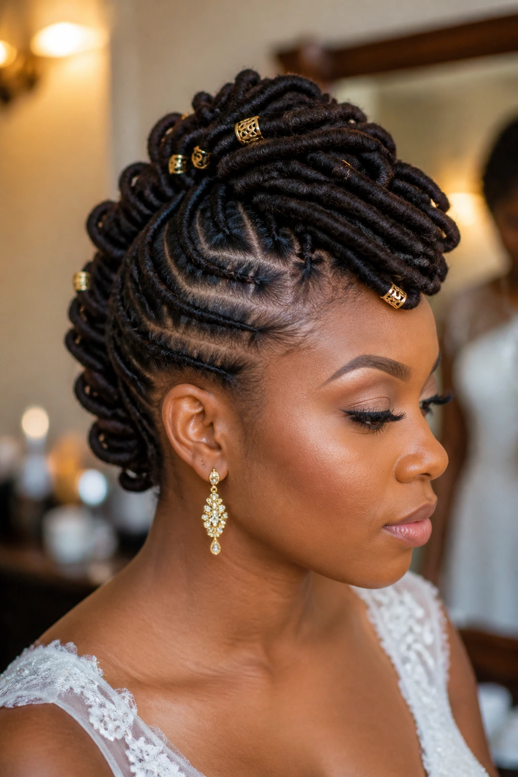 Close-up bride head with loc Mohawk and gold cuffs, elegant bridal hairstyle