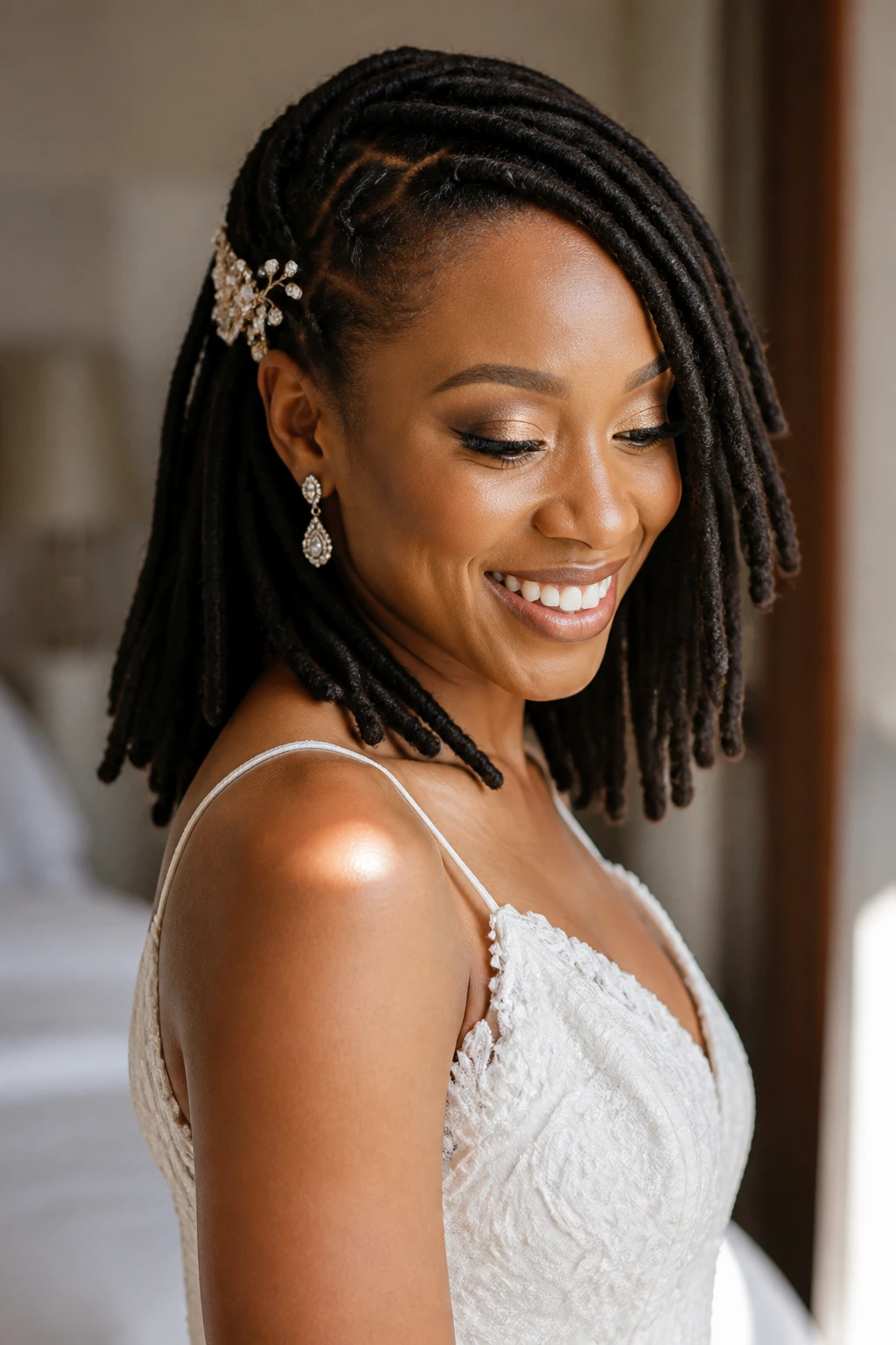 Close-up of a real bride with locs in a natural side-sweep, showcasing an authentic bridal look