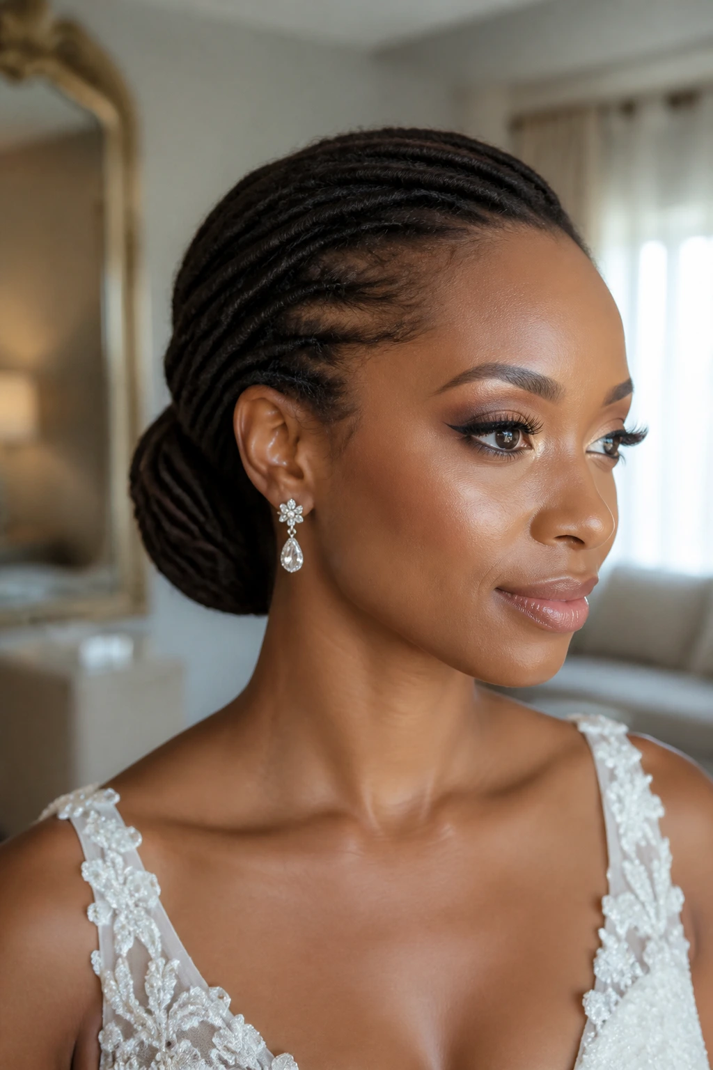 Close-up of real bride with a minimal sleek pullback hairstyle