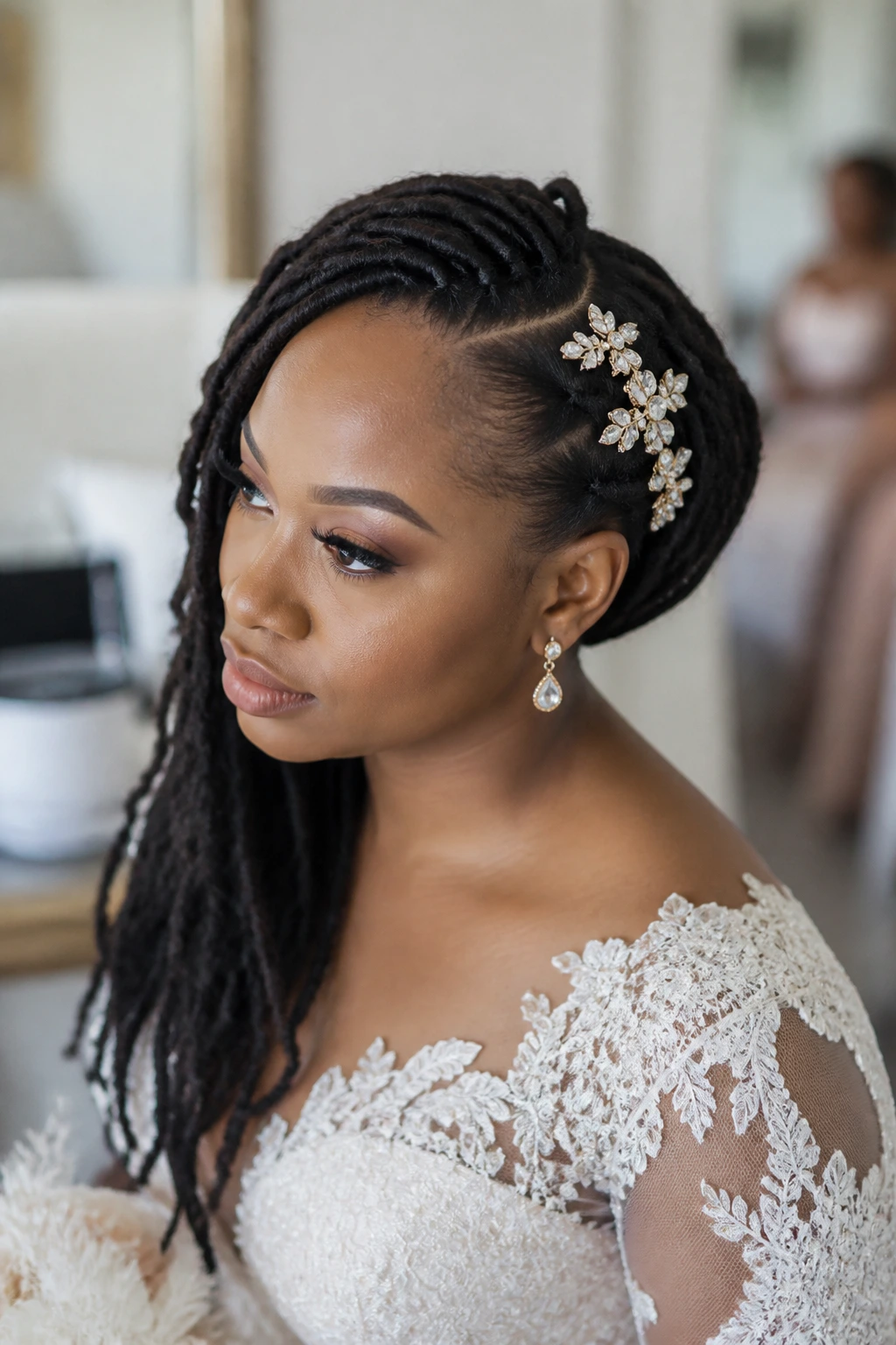 Close-up of bride with deep side part and loc cascade with jewel clips