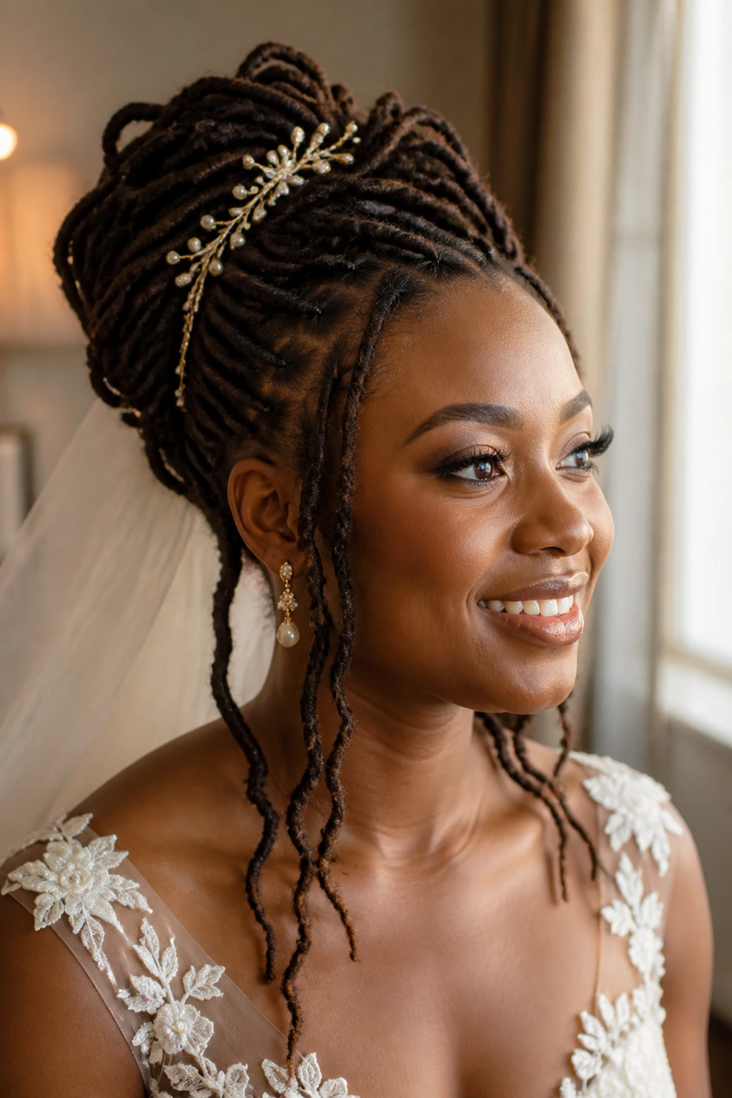 Close-up of a real bride with locs styled for a wedding, hair as the focal point