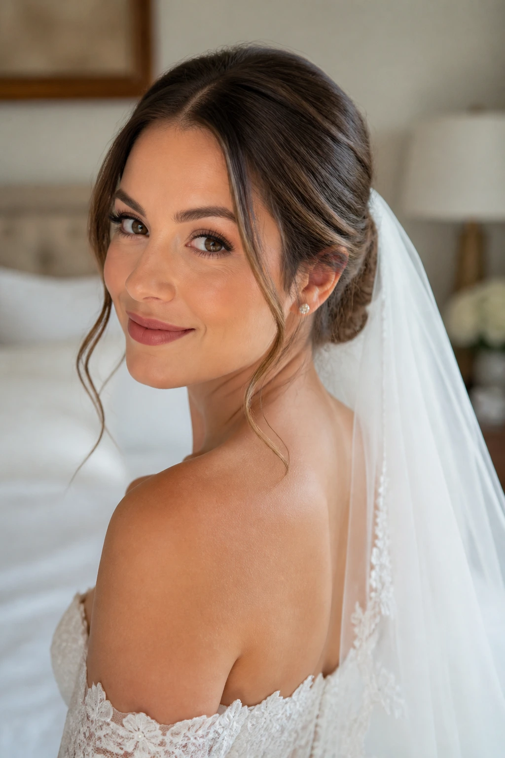 Close-up portrait of a real bride with a polished hairstyle and veil in a softly lit bedroom