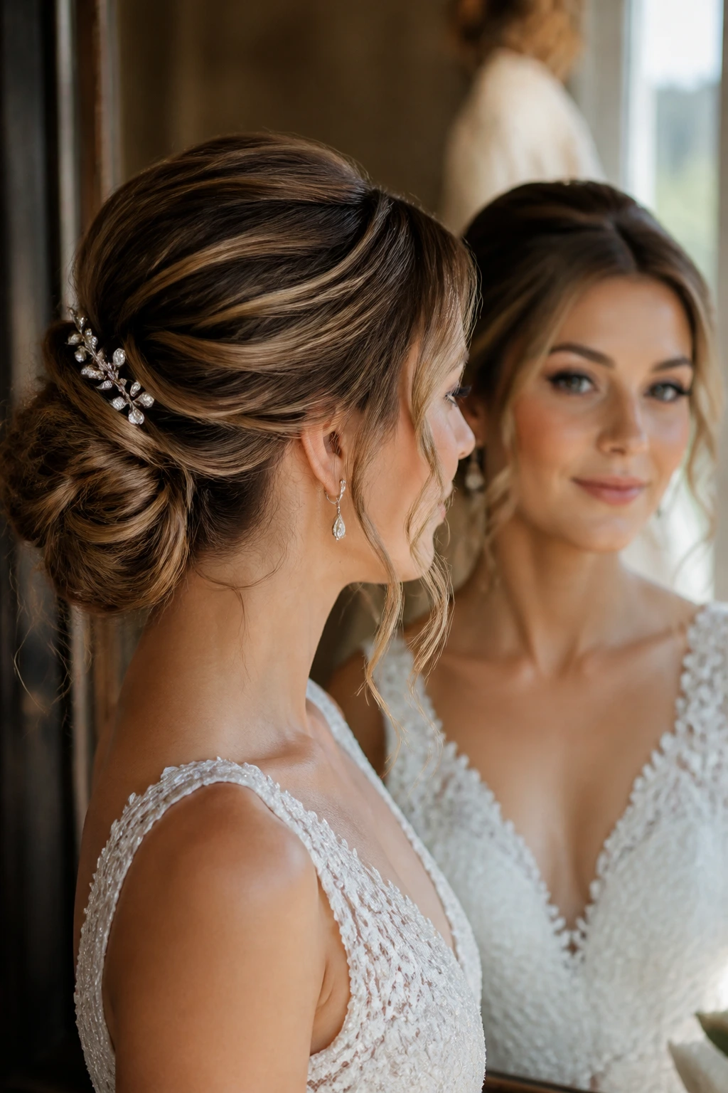 Close-up bride with versatile bridal hairstyle in warm bridal suite