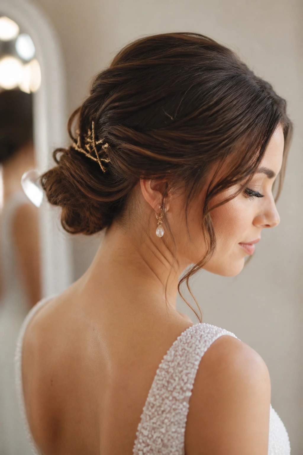 Close-up of a real bride with a lasting low bun showing anchored pins and texture.