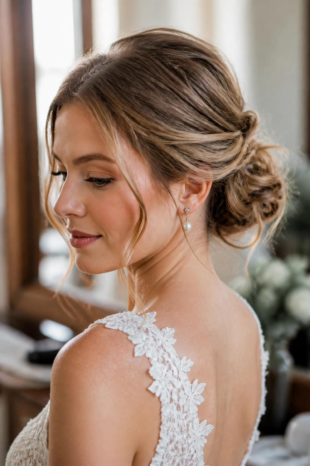 Close-up bride with textured low bun, showing variations in texture and lift