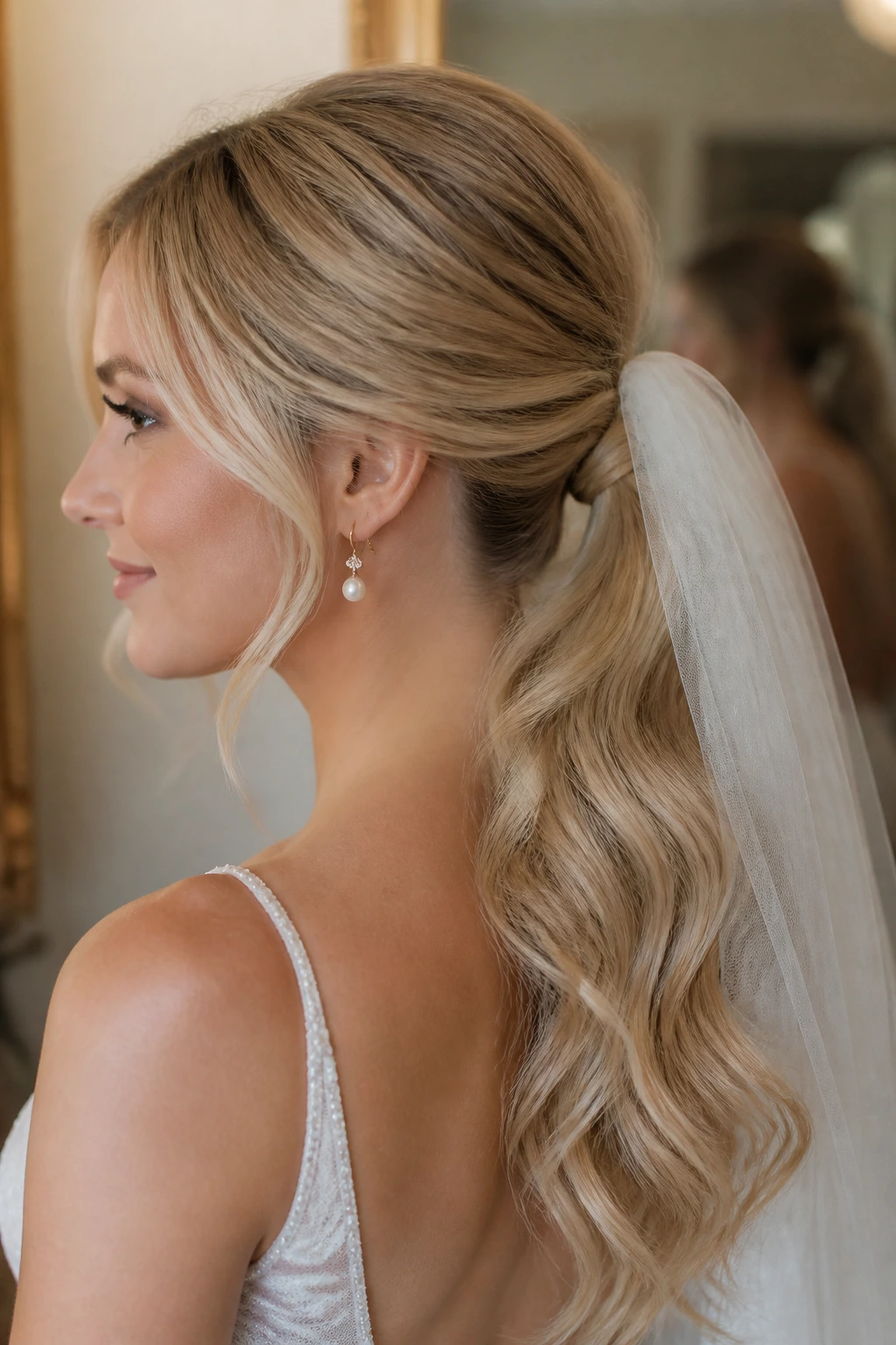 Close-up of a real bride's head highlighting a low bridal ponytail at the nape with veil.