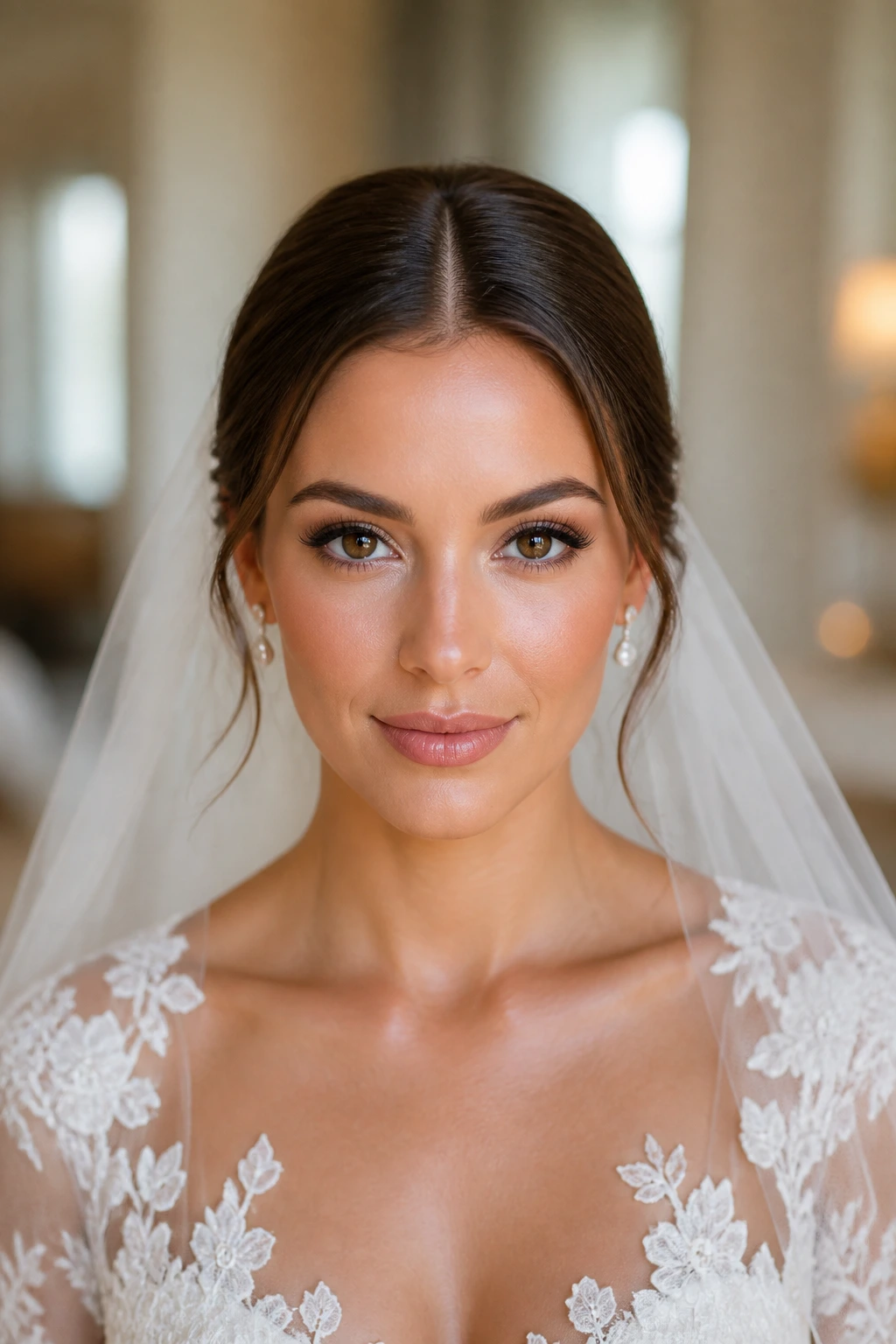 Portrait of a bride with a crisp middle part hairstyle.