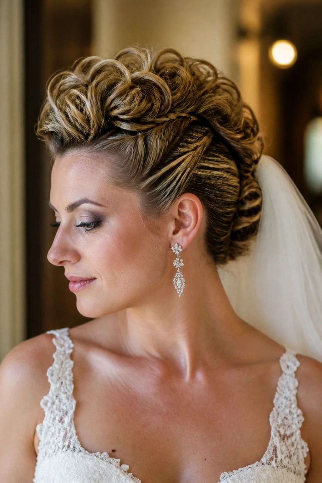 Real bride with bridal Mohawk, curling crest and veil