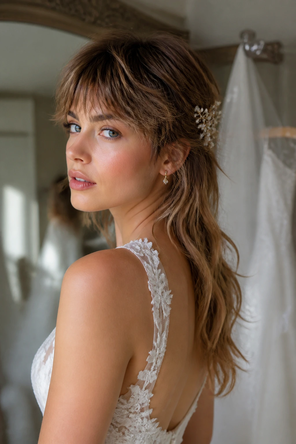 Close-up of a real bride with bridal mullet showing short front layers and long back, softly lit dressing room