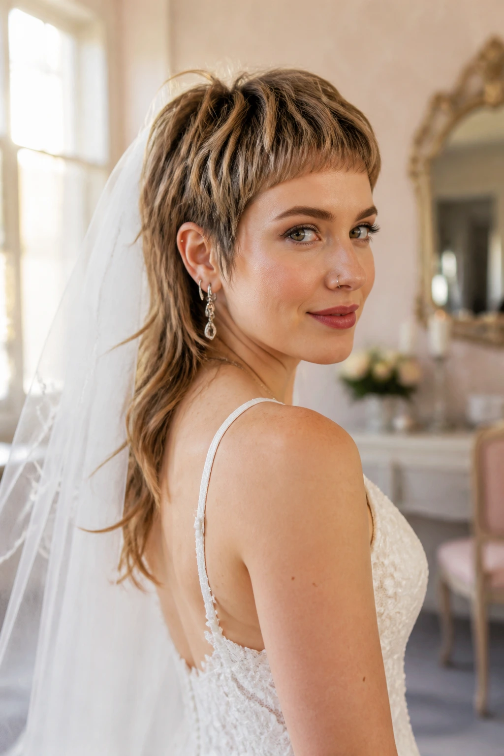 Close-up of a real bride with a bridal mullet featuring a short front and long back.
