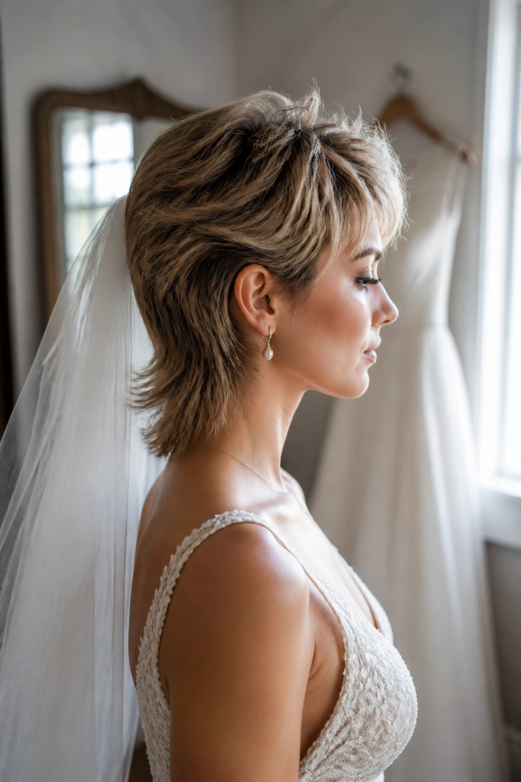 Profile of a bride showcasing bridal mullet shape with lifted crown and defined nape.
