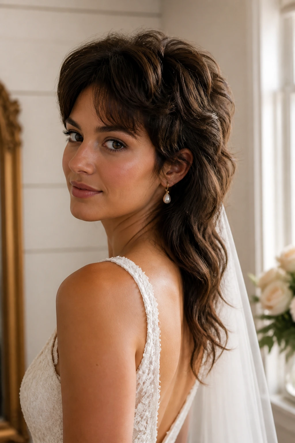 Real bride with bridal mullet showing crown lift and flowing back.