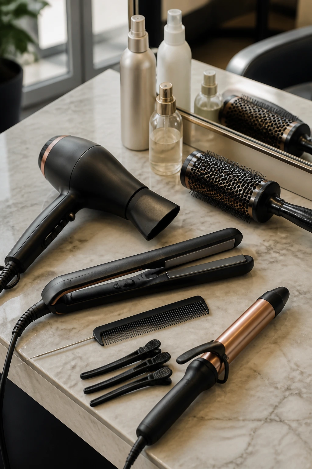 Close-up of essential bridal mullet styling tools on a salon counter.