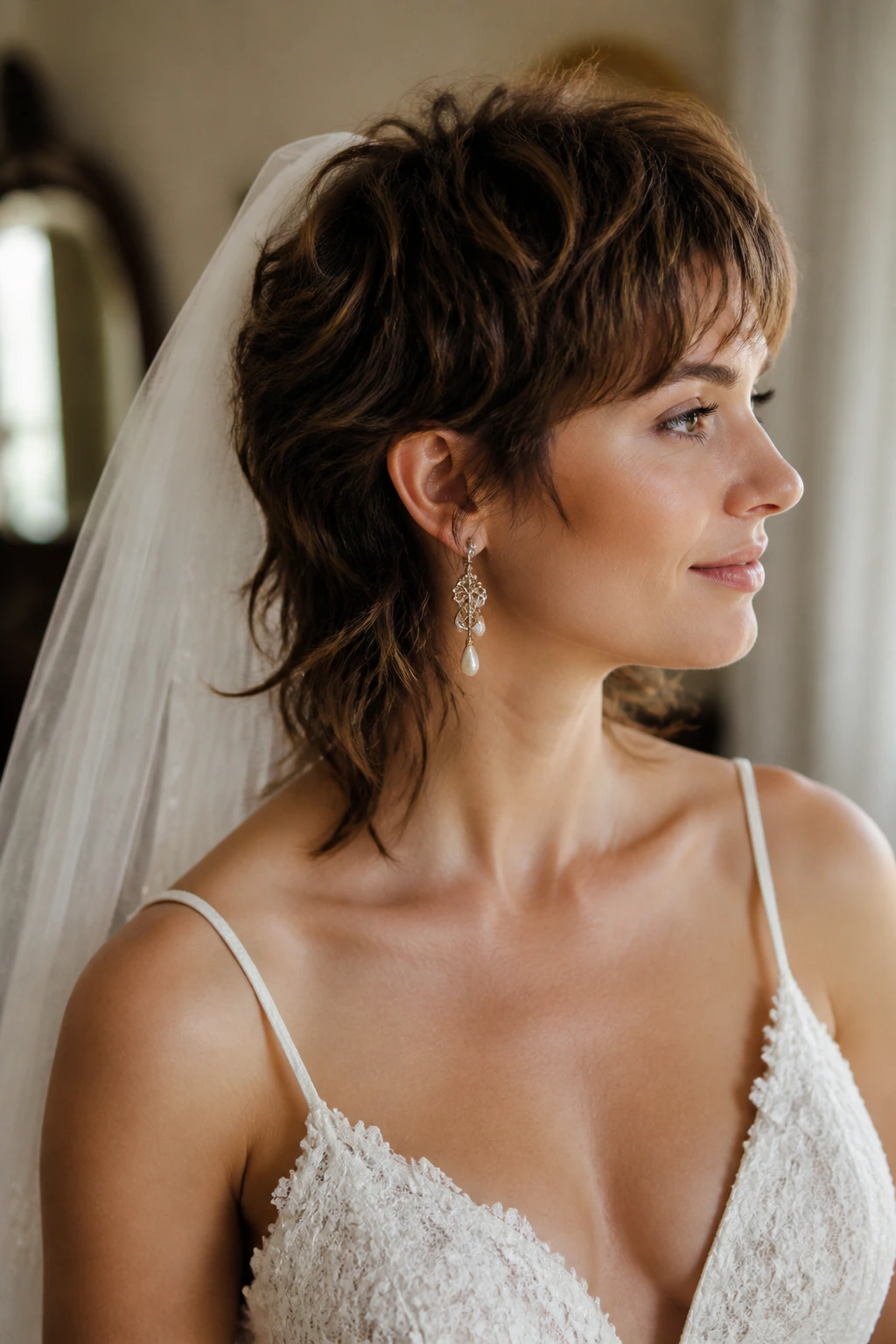 Bride with mullet hairstyle, veil, and earrings.