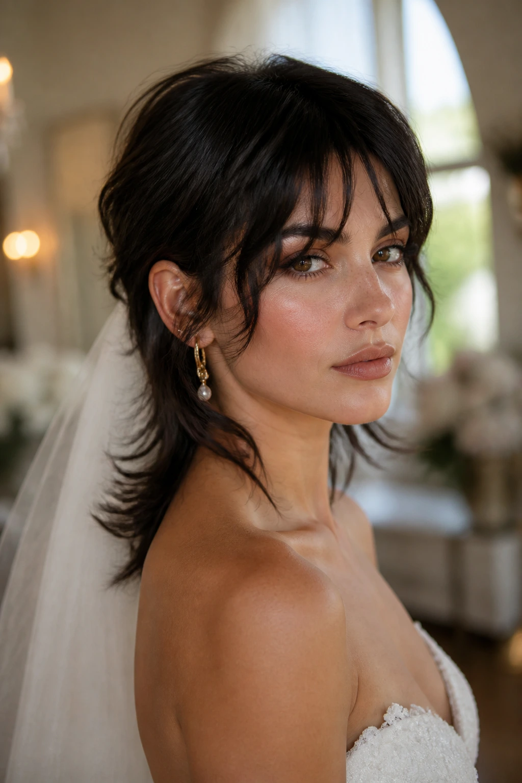 Close-up portrait of a real bride showing a mullet with face-framing layers and back movement