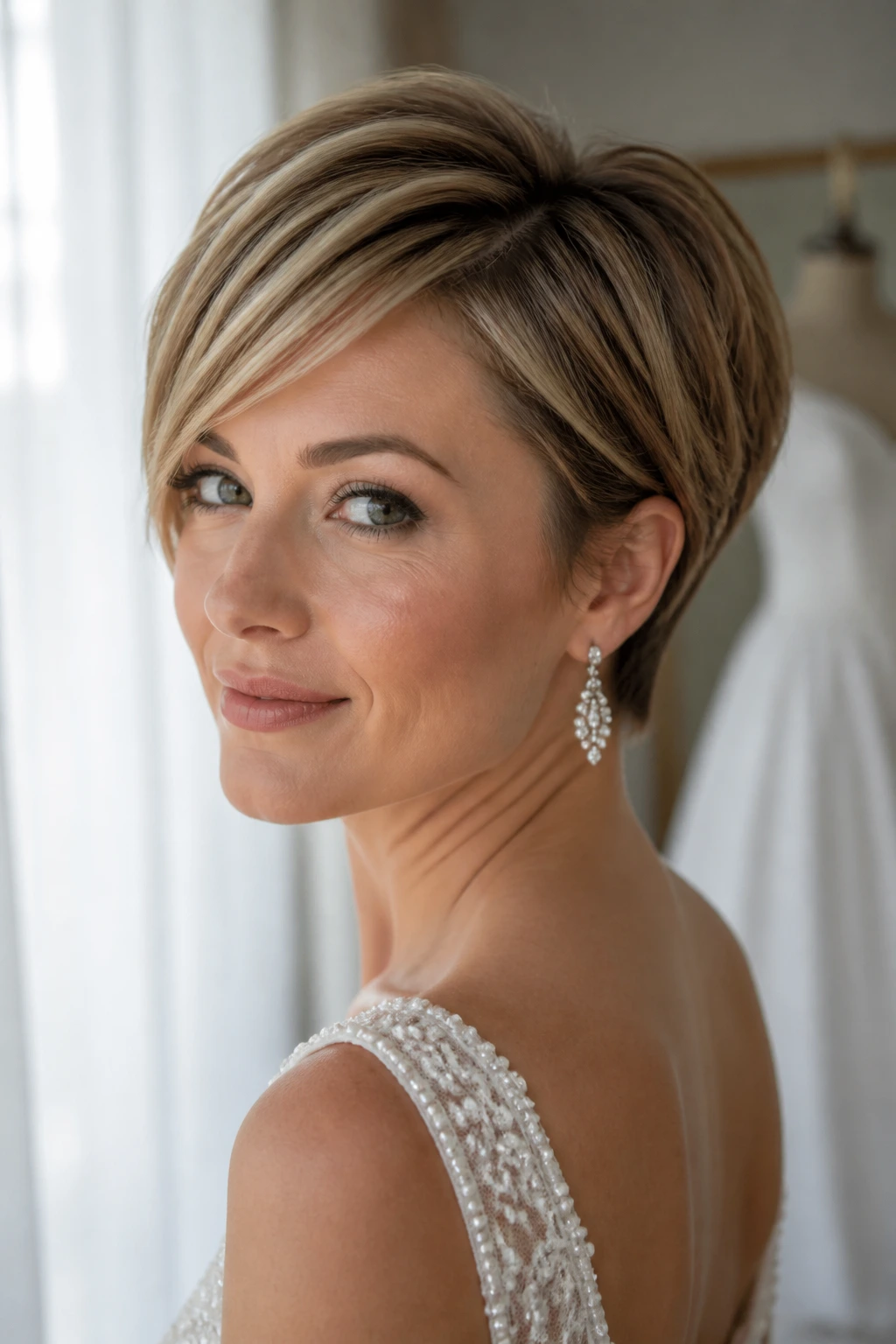 Close-up of a real bride wearing a pixie-bob hybrid hairstyle in soft daylight