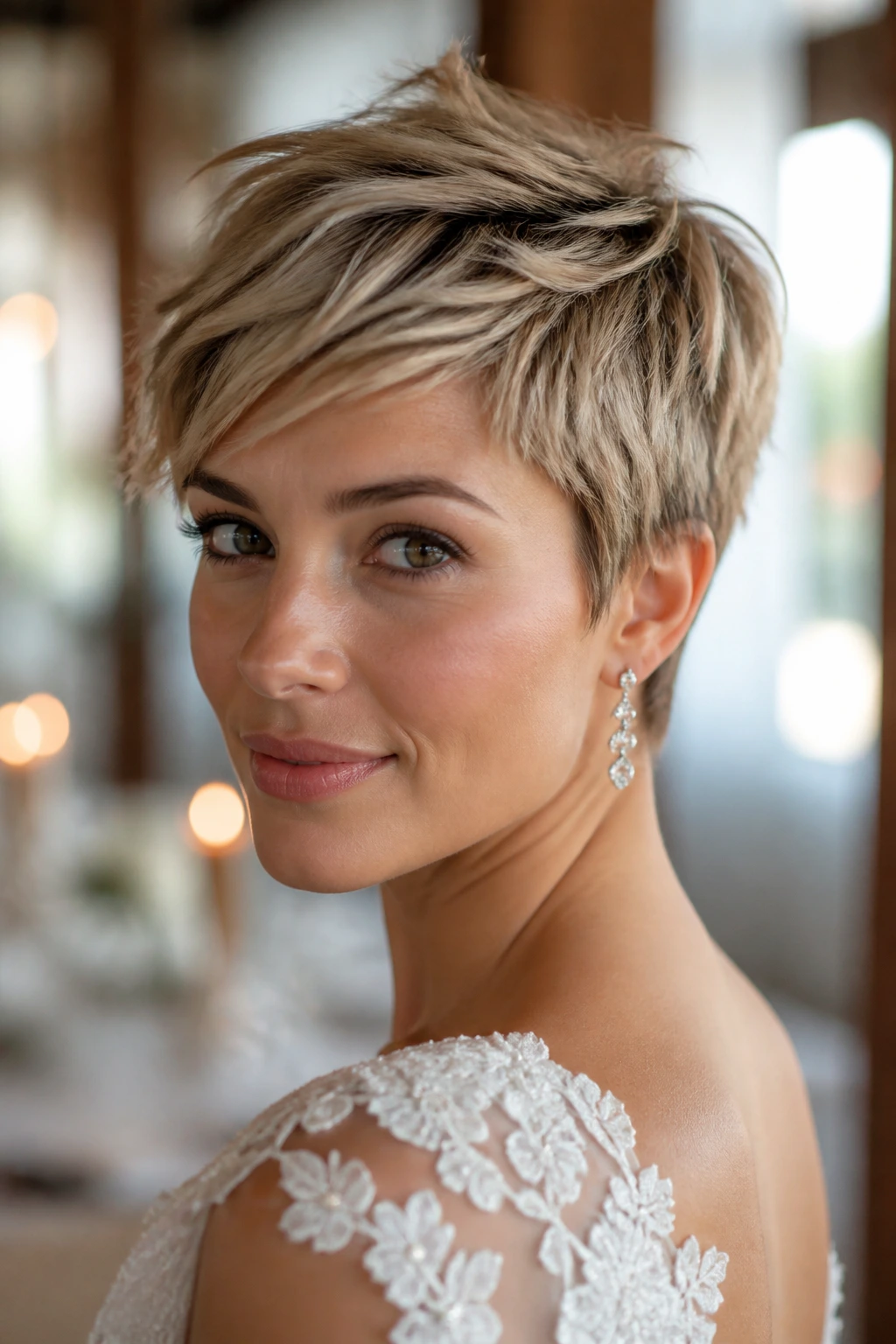 Close-up of a real bride with choppy piecey pixie hairstyle in a modern venue