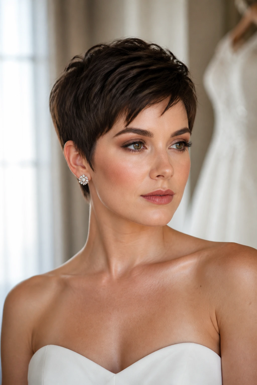 Bride with a tailored pixie pose showing how hairstyle complements strapless neckline