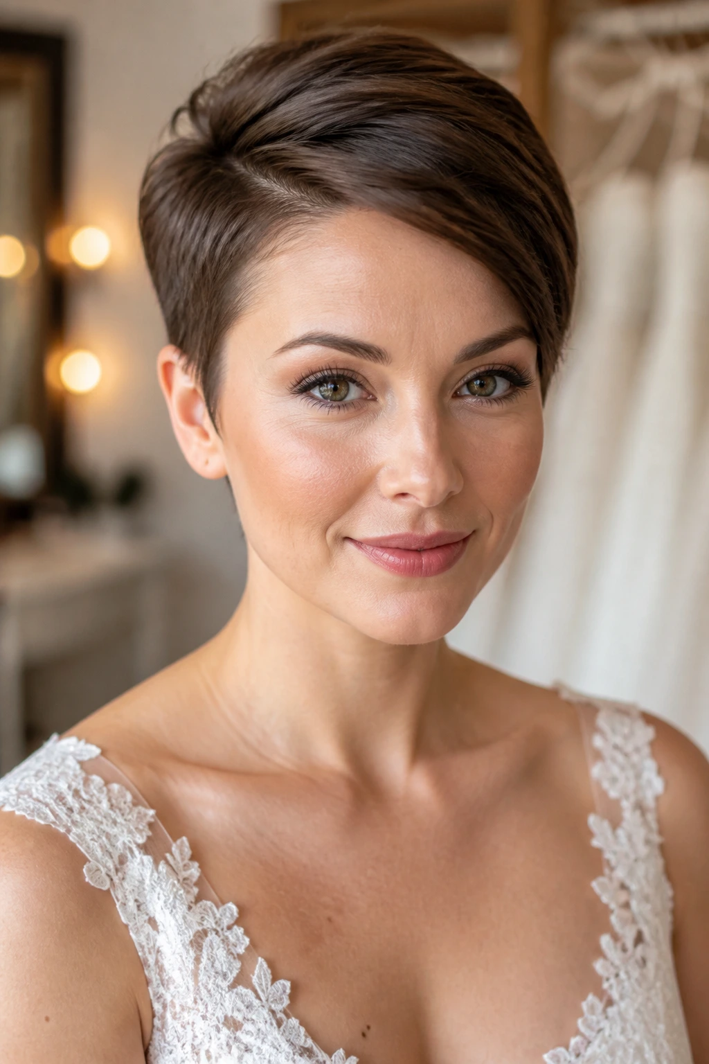 Close-up of a real bride with an intentional pixie finish silhouette