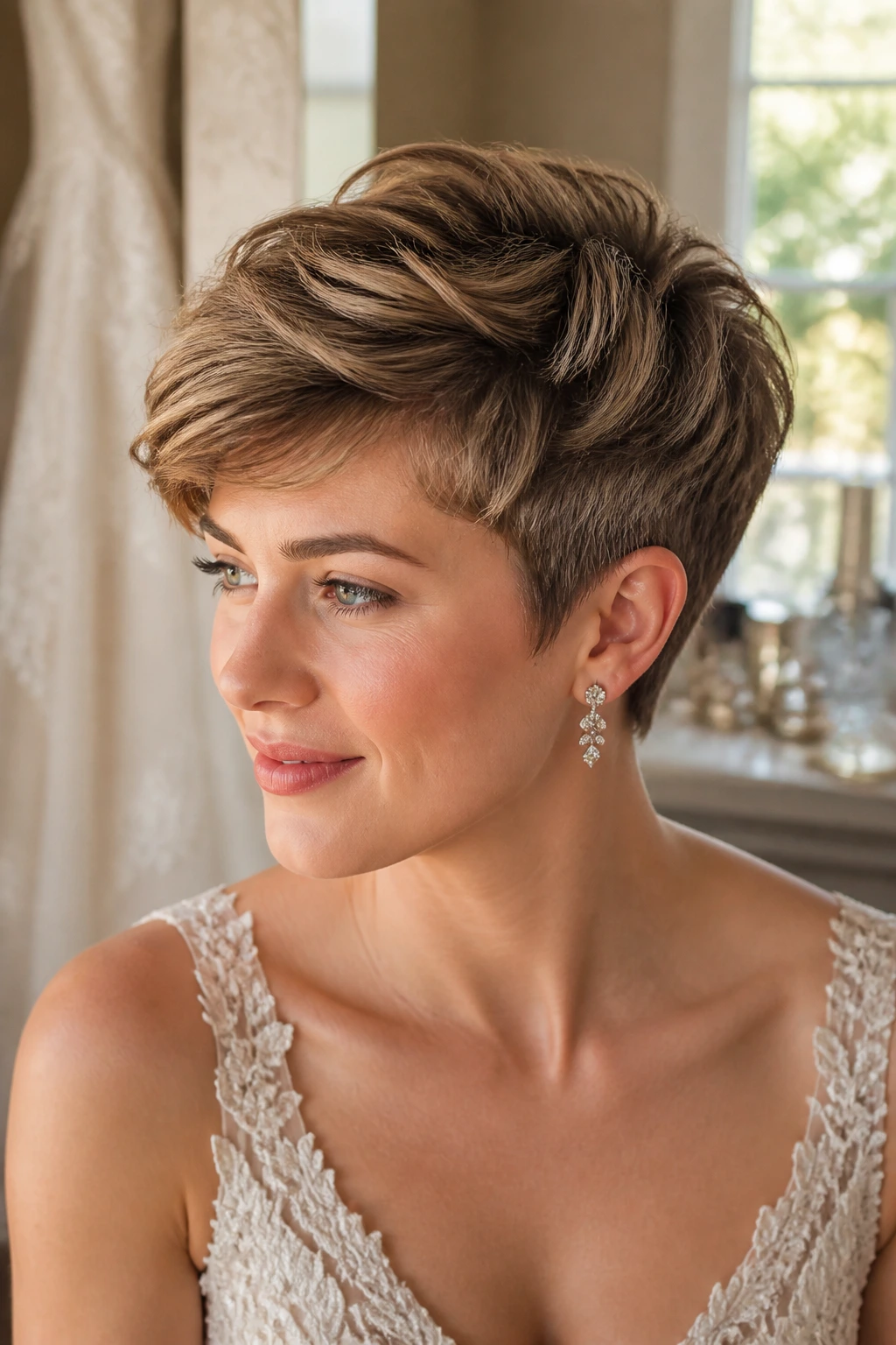 Close-up of a real bride with a grown-out pixie under warm window light