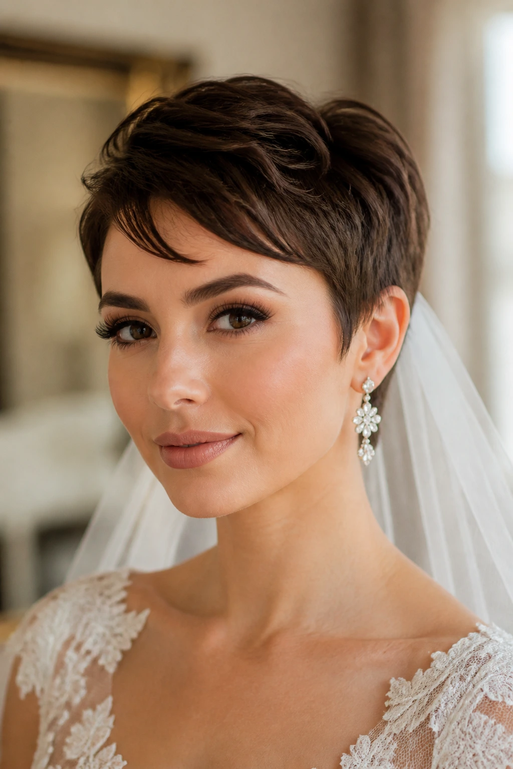 Close-up portrait of a real bride with a face-framing pixie in a softly lit bridal suite