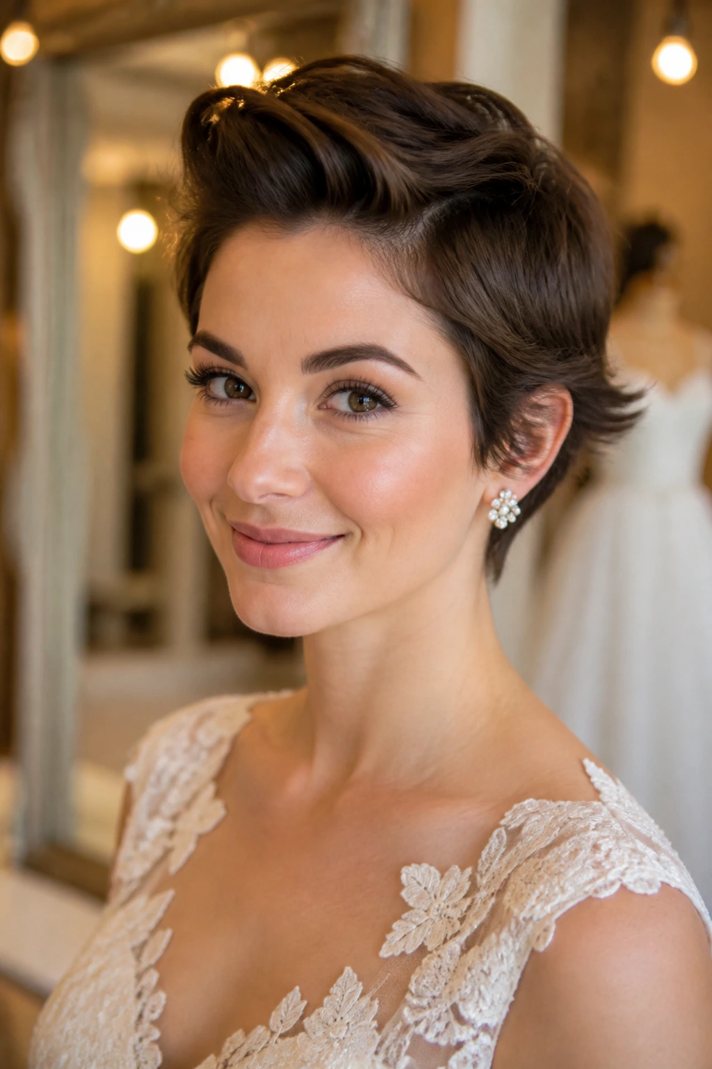 Close-up of a real bride with a retro-flip pixie hairstyle in a fitting room