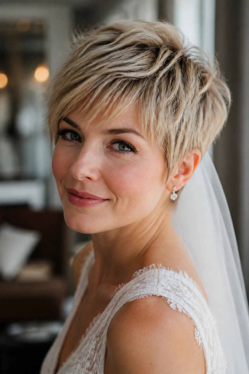 Close-up of a real bride with shaggy airy-bang pixie under natural daylight