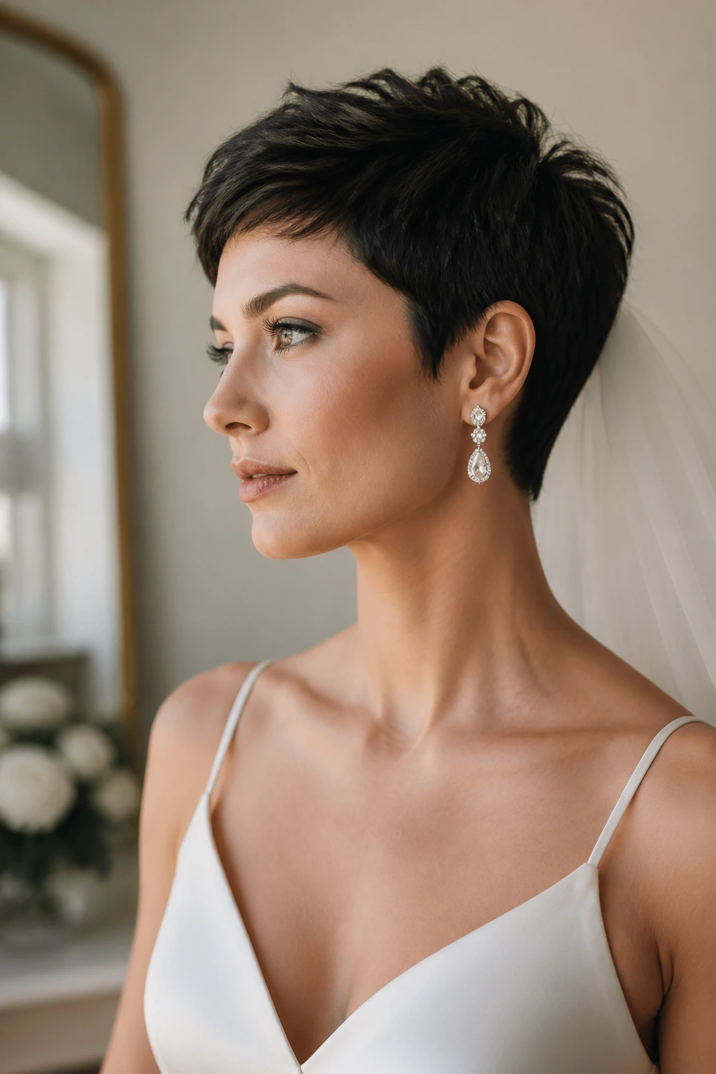 Bridal portrait featuring a crisp pixie cut that carries the look