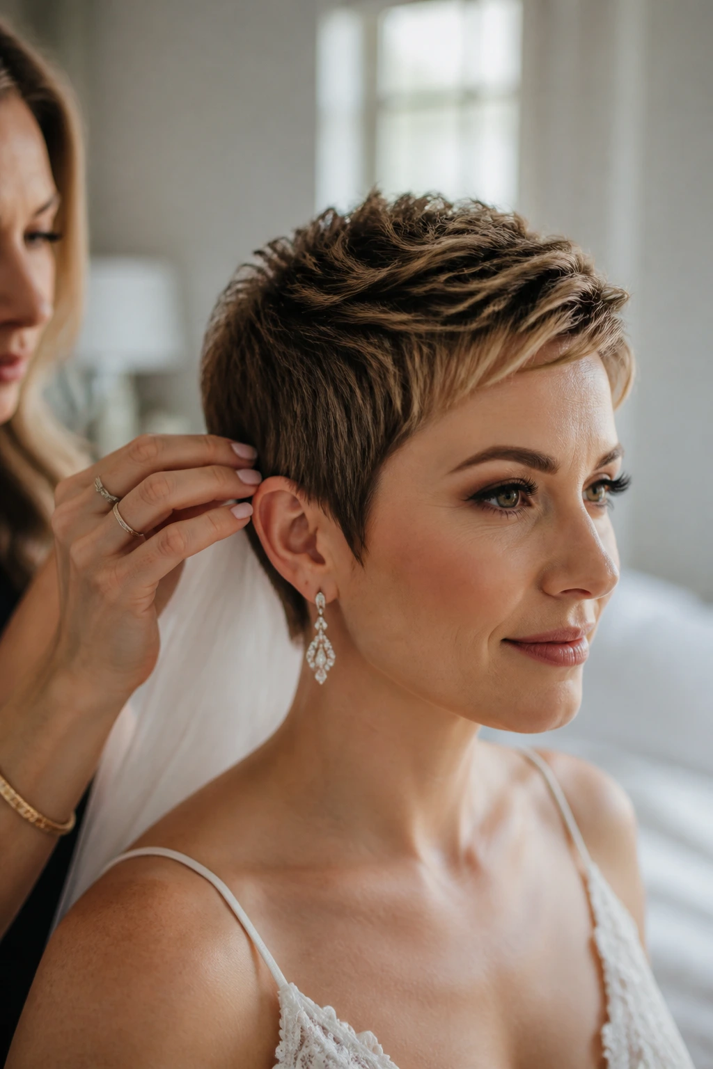 Close-up of a bride's pixie cut being touched up by a stylist in a bridal dressing room